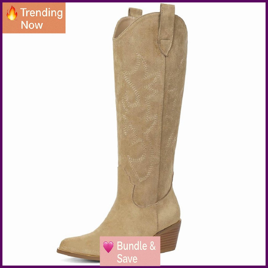 Women's Knee High Cowboy Boots Embroidered Pull-On Chunky Heel